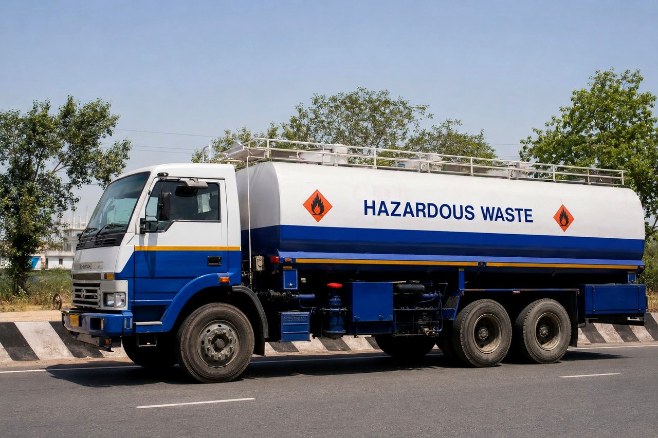 BIOCIL blue-white hazardous waste tanker truck with HAZARDOUS WASTE marking and orange placards